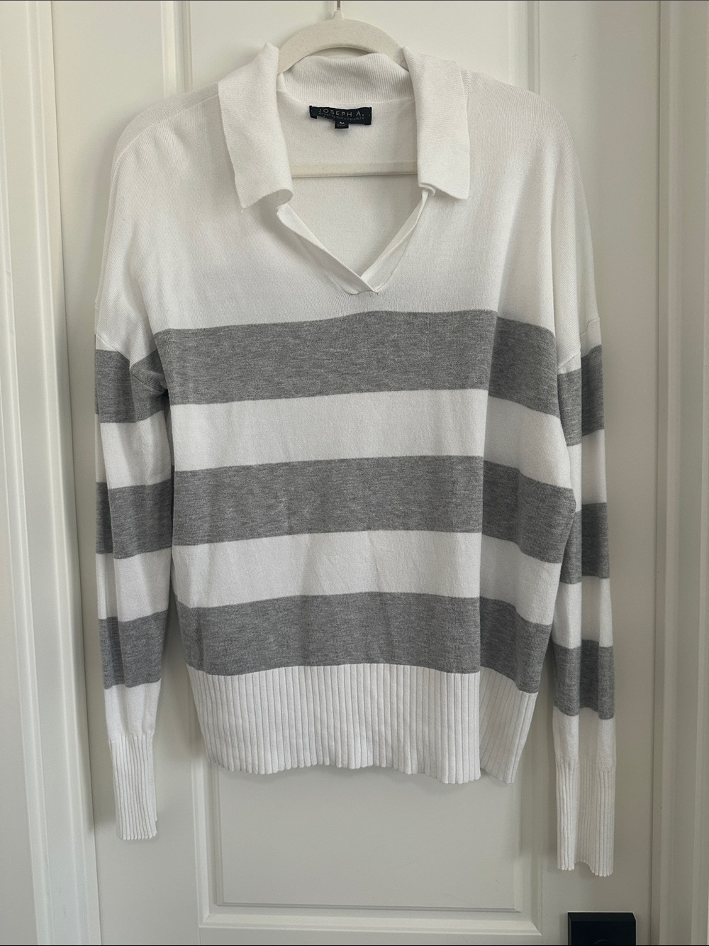 Joseph A White and Gray Striped V-Neck Polo Sweater